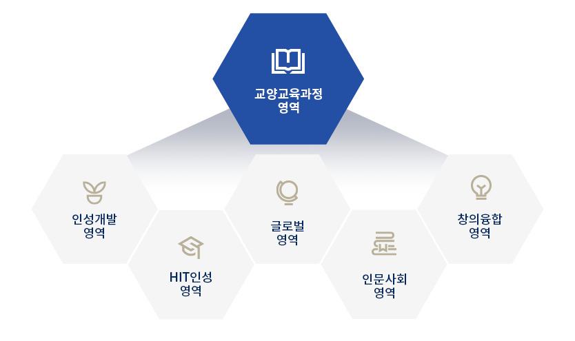 인문사회 영역, 글로벌 영역, 창의융합 영역, HIT인성 영역, 인성개발 영역, 기초과학 영역 → 교양교육과정 영역