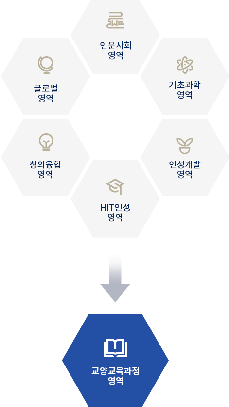 인문사회 영역, 글로벌 영역, 창의융합 영역, HIT인성 영역, 인성개발 영역, 기초과학 영역 → 교양교육과정 영역